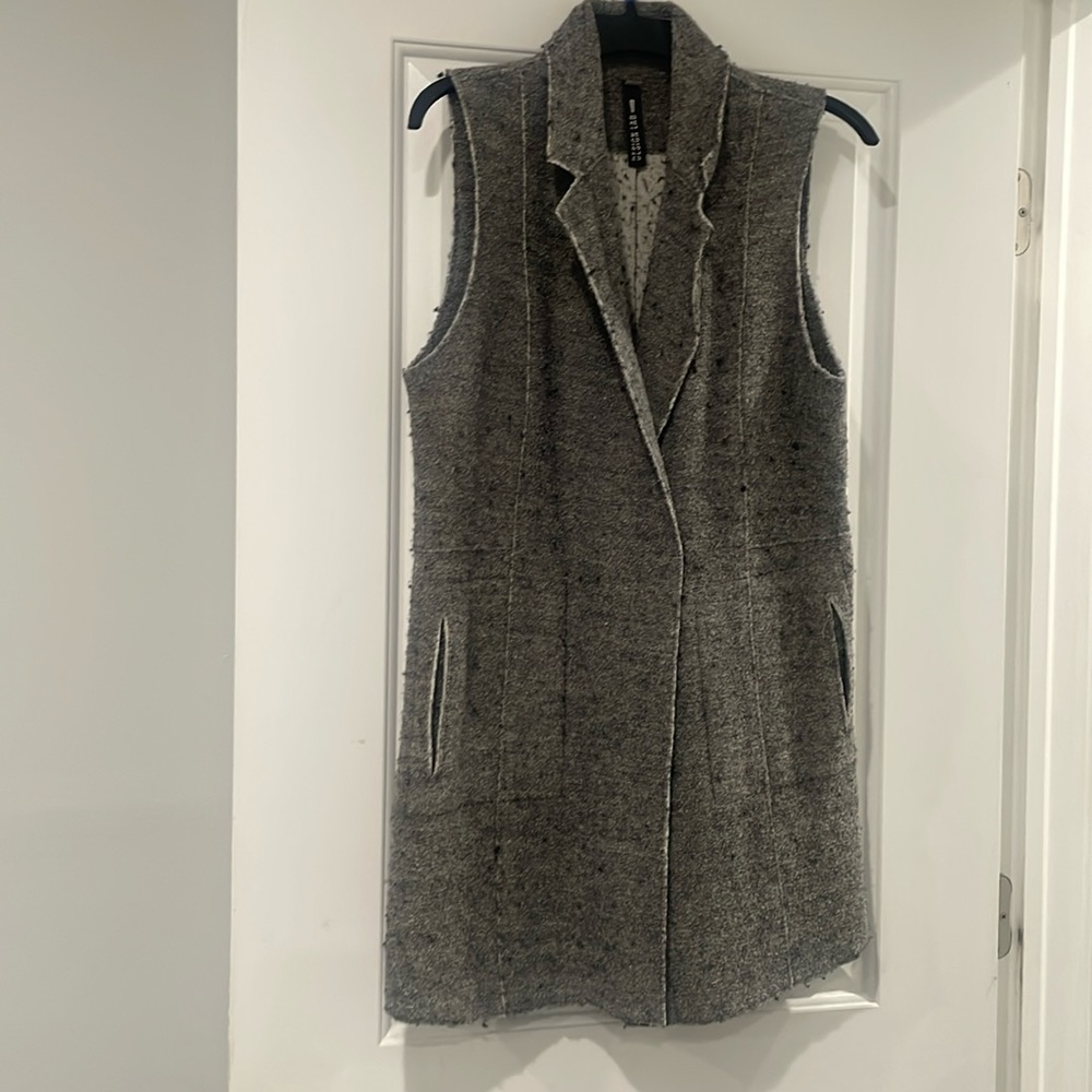 Beautiful long gray dress up vest, throw over white top black pants to dress up
